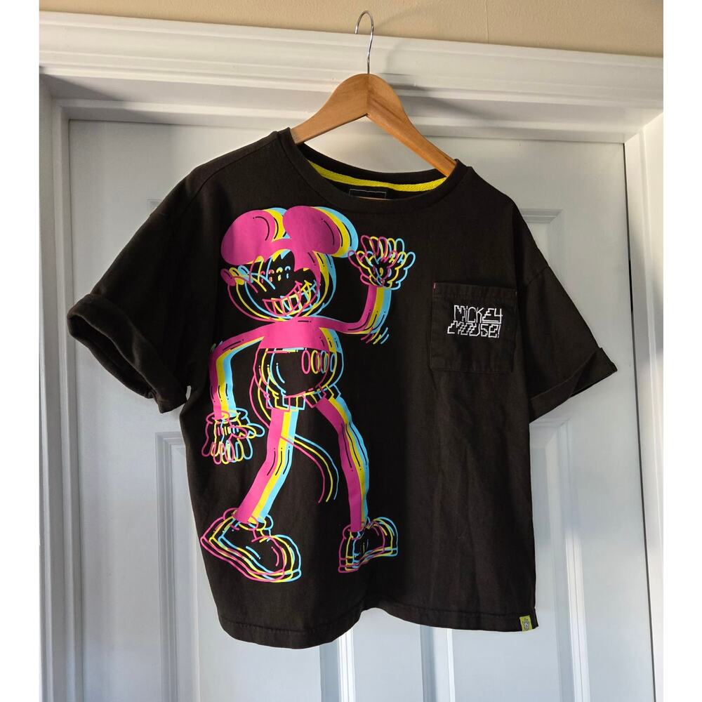 Disney Artist Series Mickey‎ Mouse Glitch T-Shirt Mens Large Black Neon Pocket